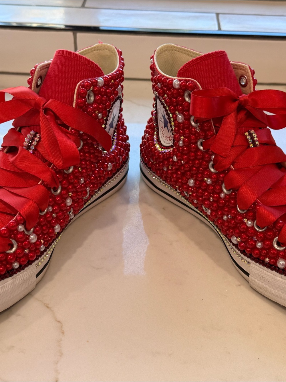 Converse Red Crystal & Pearl High-Top Sneakers - Picture 6 of 8